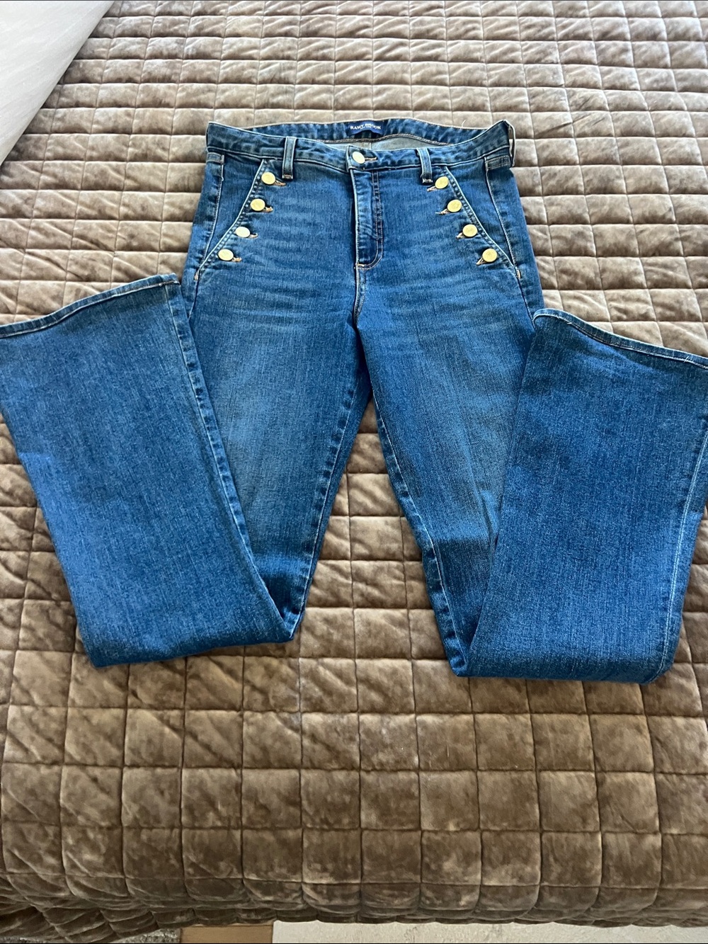 Ramy Brook Dark Blue High-Rise Flare Jeans with Gold Buttons